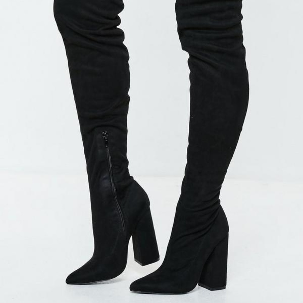 Black Over The Knee Flared Heel Boots